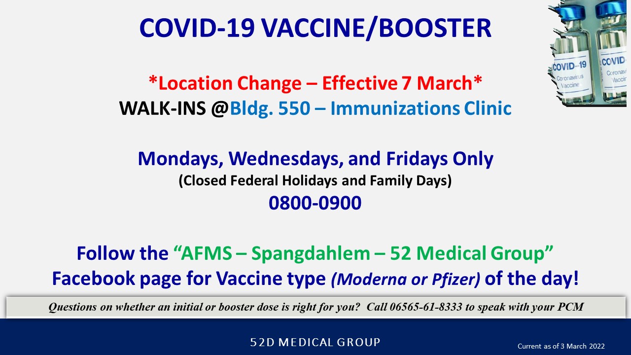 A graphic with the 52nd medical group's vaccine clinic hours.