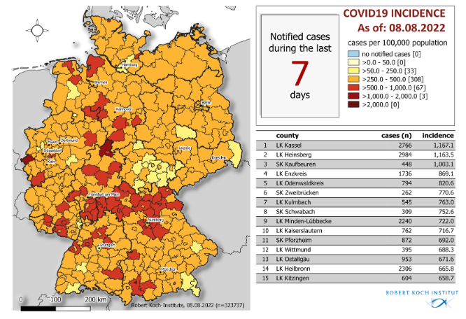 German 7-day incidence map Aug. 8, 2022.