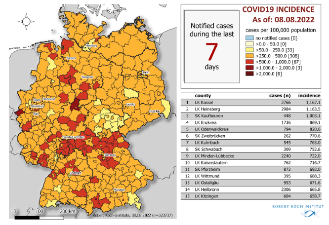 German 7-day incidence map Aug. 8, 2022. German 7-day incidence map Aug. 8, 2022.