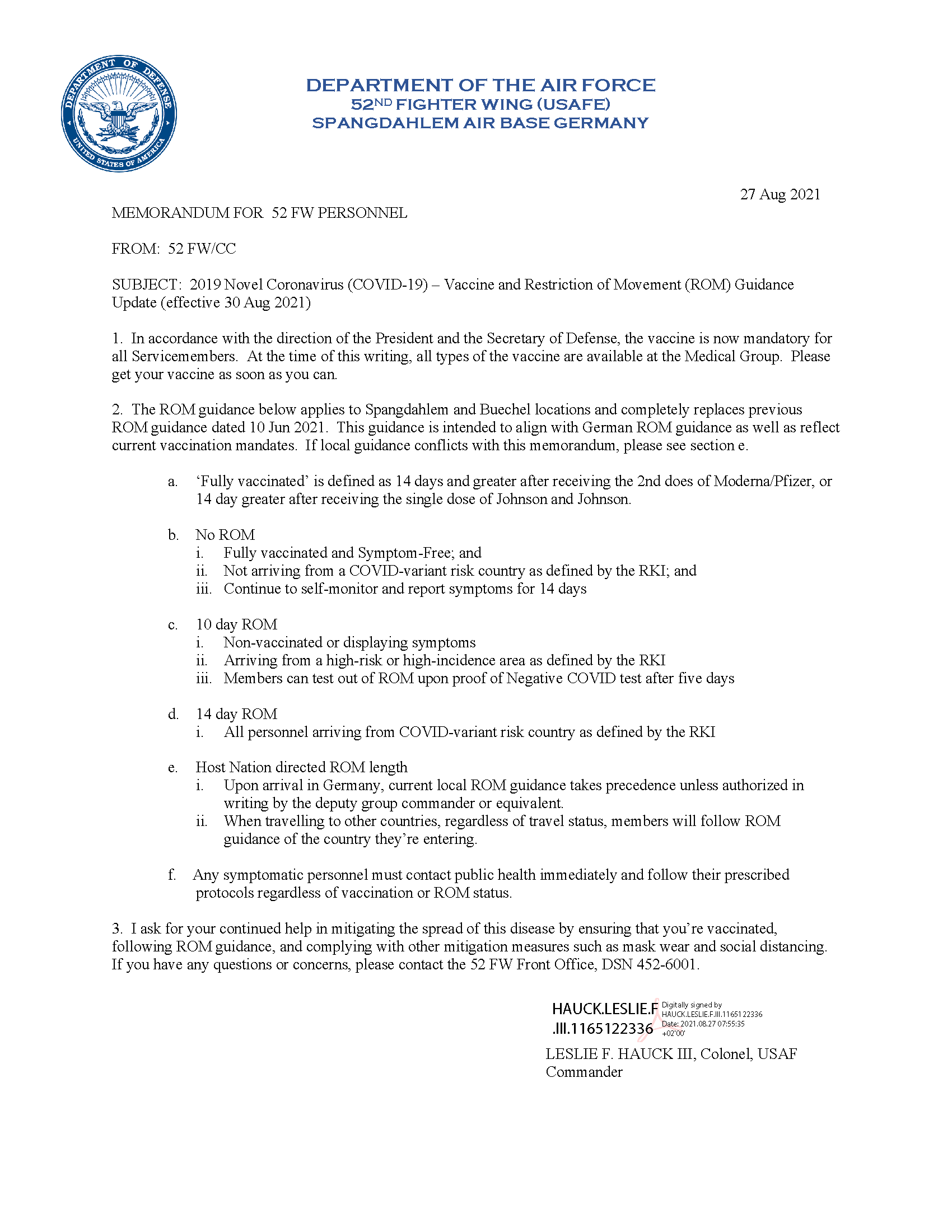 A link the 52nd Fighter Wing restriction of movement policy